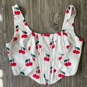 Cherry Print Corset Top - White with Red & Green